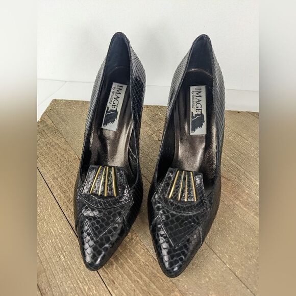 Vintage leather pumps, snakeskin heels, black vintage heels, 80s party shoes 6.5 - Picture 5 of 7